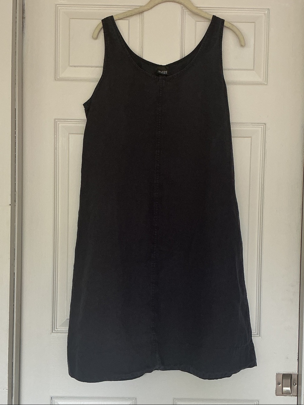 Eileen Fisher Washed Black Scoop Neck Sleeveless Shift Dress 100% linen